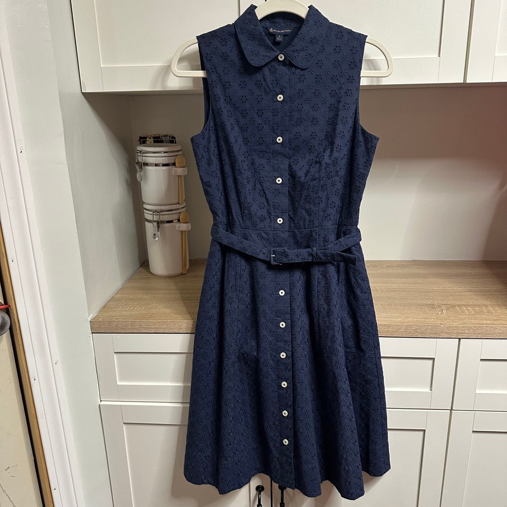 Brooks Brothers Sleeveless Cotton Eyelet Belted Shirt Dress Womens 4 A Line Navy